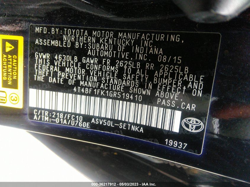 2016 TOYOTA CAMRY XLE/SE/LE/XSE - 4T4BF1FK1GR519410