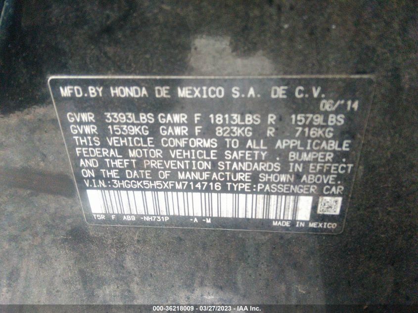 2015 HONDA FIT LX - 3HGGK5H5XFM714716