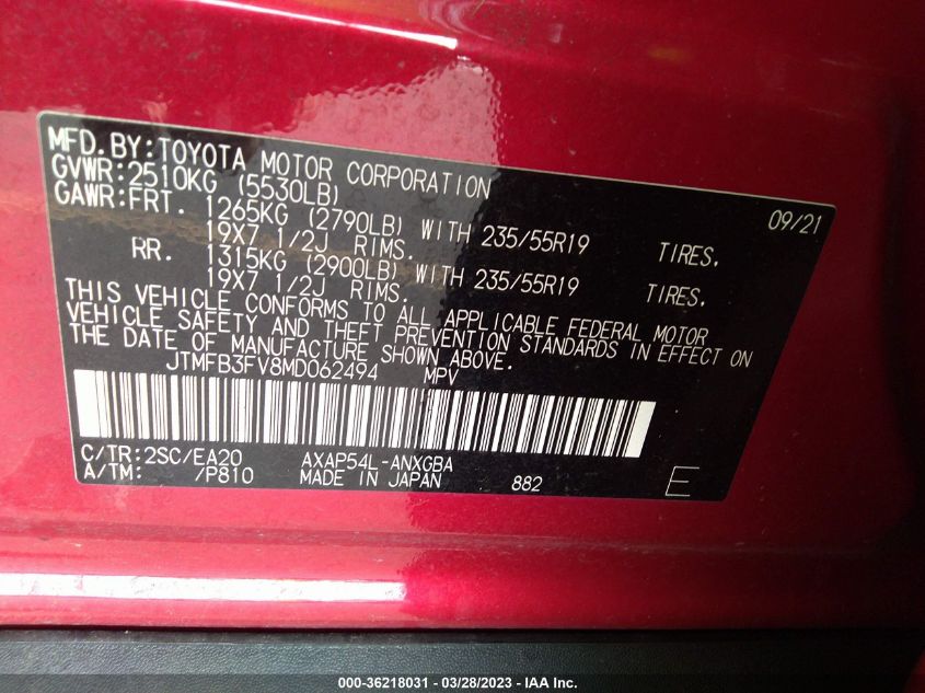 2021 TOYOTA RAV4 PRIME XSE JTMFB3FV8MD062494