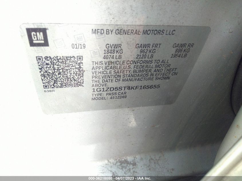 2019 CHEVROLET MALIBU LT - 1G1ZD5ST4KF165655