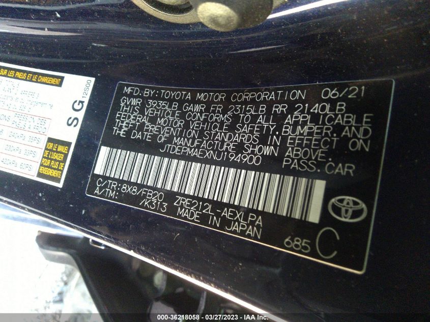 2022 TOYOTA COROLLA LE - JTDEPMAEXNJ194900