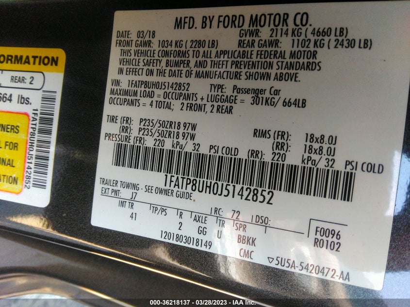 VIN 1FATP8UH0J5142852 2018 FORD MUSTANG ECOBOOST