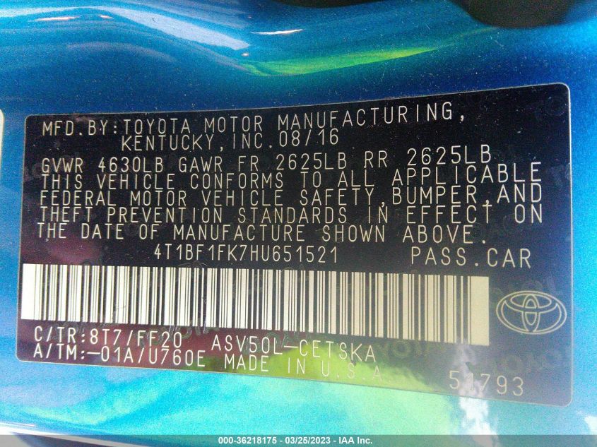 2017 TOYOTA CAMRY XLE/SE/LE/XSE - 4T1BF1FK7HU651521