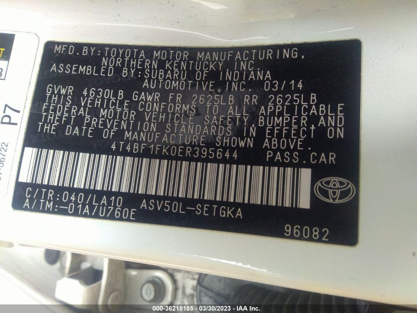 2014 TOYOTA CAMRY L/LE/XLE/SE/SE SPORT - 4T4BF1FK0ER395644