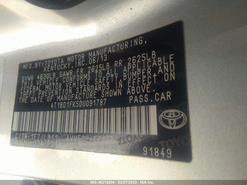 2013 TOYOTA CAMRY HYBRID LE/XLE - 4T1BD1FK5DU091787