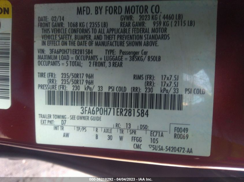 2014 FORD FUSION SE - 3FA6P0H71ER281584