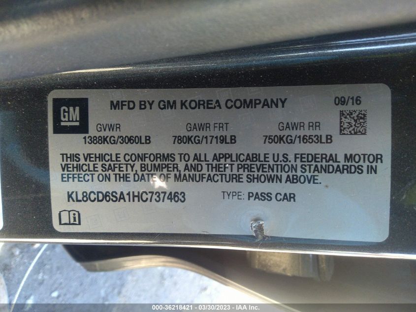 2017 CHEVROLET SPARK LT - KL8CD6SA1HC737463