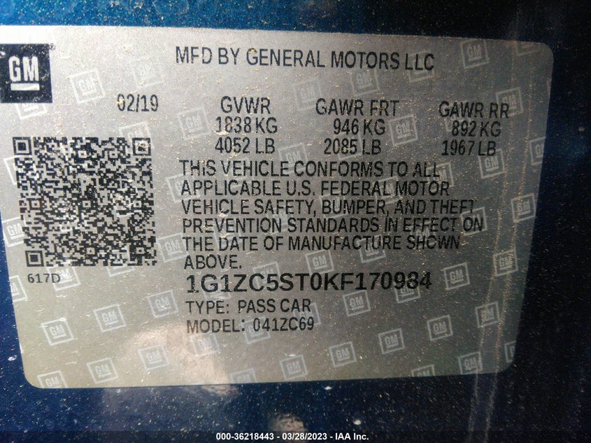 VIN 1G1ZC5ST0KF170984 2019 CHEVROLET MALIBU LS
