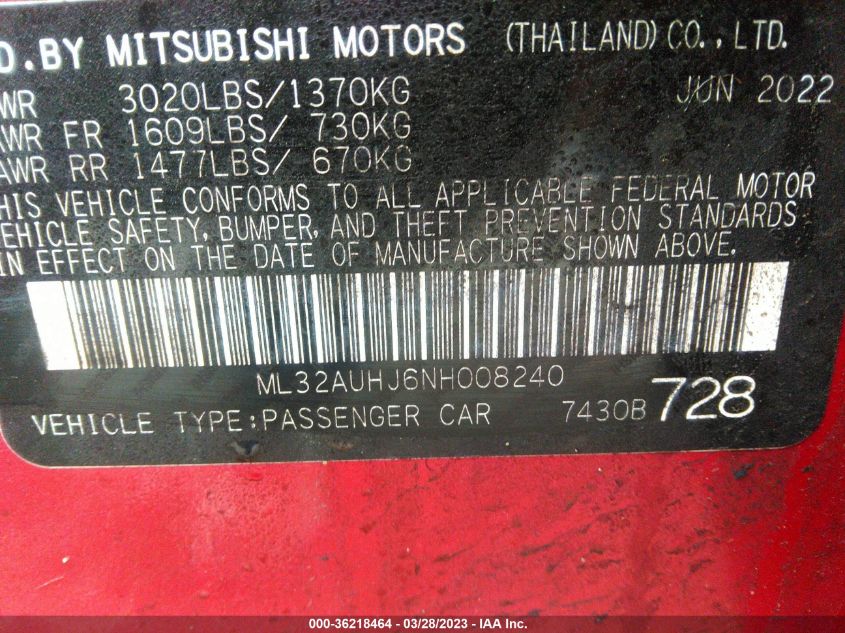 2022 MITSUBISHI MIRAGE ES/LE - ML32AUHJ6NH008240