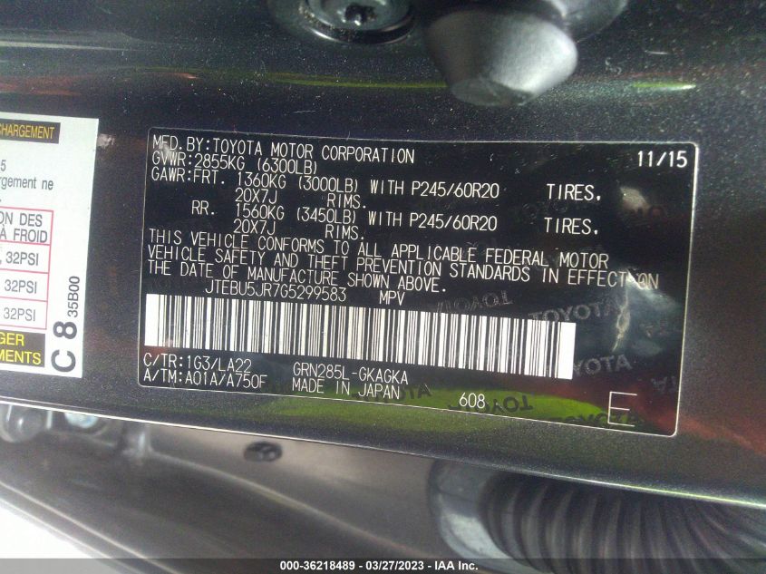 2016 TOYOTA 4RUNNER LIMITED/TRAIL/SR5 - JTEBU5JR7G5299583