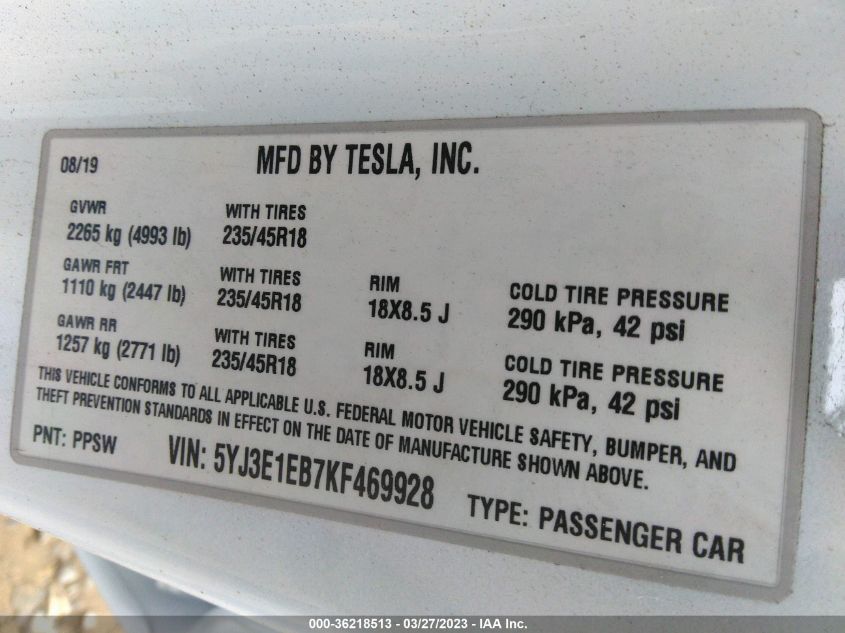 2019 TESLA MODEL 3 LONG RANGE/PERFORMANCE - 5YJ3E1EB7KF469928