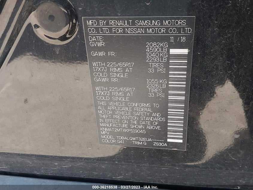 VIN KNMAT2MTXKP519045 2019 NISSAN ROGUE SV