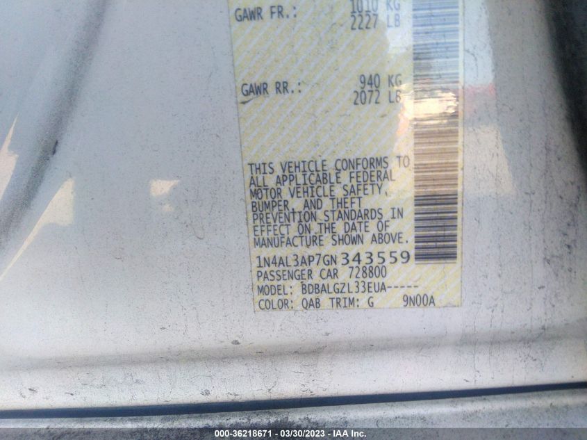 2016 NISSAN ALTIMA 2.5 - 1N4AL3AP7GN343559