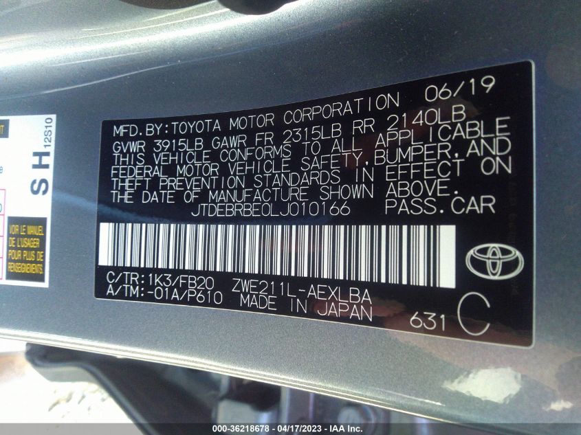 2020 TOYOTA COROLLA HYBRID LE - JTDEBRBE0LJ010166