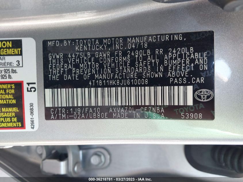 2018 TOYOTA CAMRY LE/SE/XLE/L - 4T1B11HK8JU610008