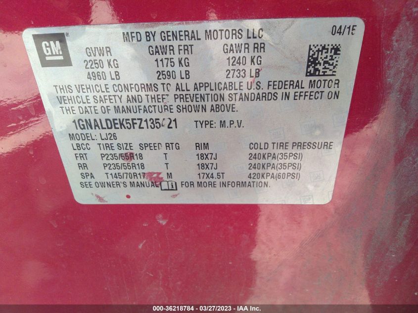 2015 CHEVROLET EQUINOX LTZ - 1GNALDEK5FZ135421
