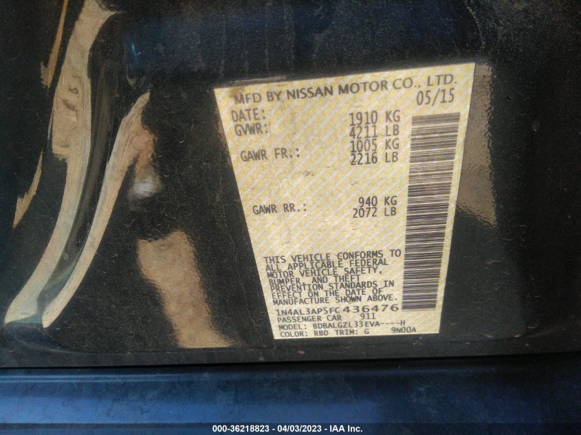 2015 NISSAN ALTIMA 2.5 S - 1N4AL3AP5FC436476