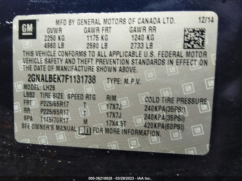 2015 CHEVROLET EQUINOX LT - 2GNALBEK7F1131738