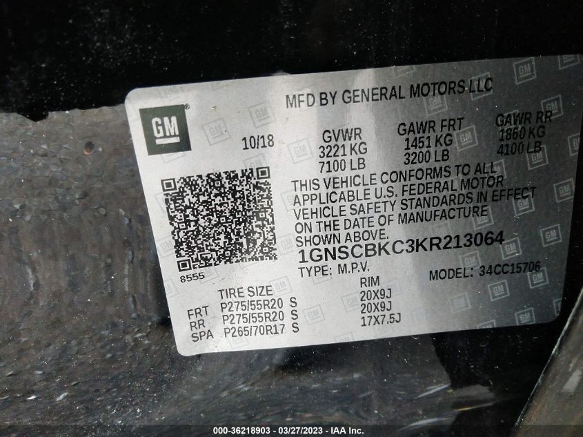 2019 CHEVROLET TAHOE LT - 1GNSCBKC3KR213064