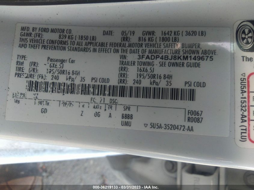 2019 FORD FIESTA SE - 3FADP4BJ8KM149675