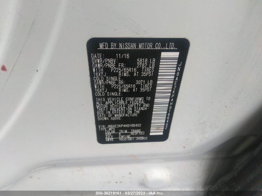 2017 NISSAN QUEST SV - JN8AE2KP4H9166402