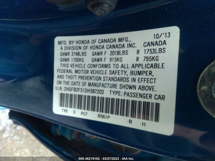 2013 HONDA CIVIC SDN LX - 2HGFB2F51DH587203