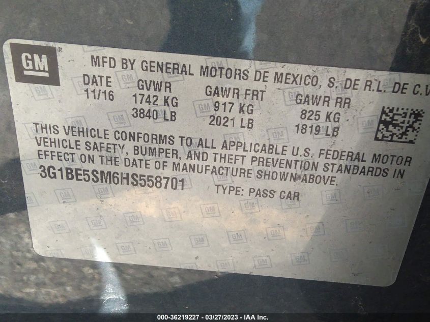 2017 CHEVROLET CRUZE LT - 3G1BE5SM6HS558701