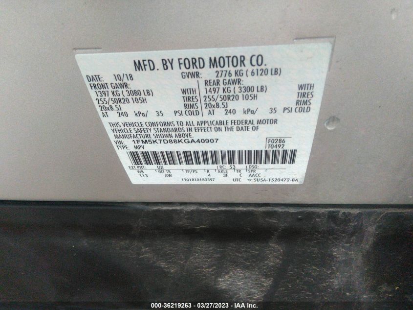 2019 FORD EXPLORER XLT - 1FM5K7D88KGA40907