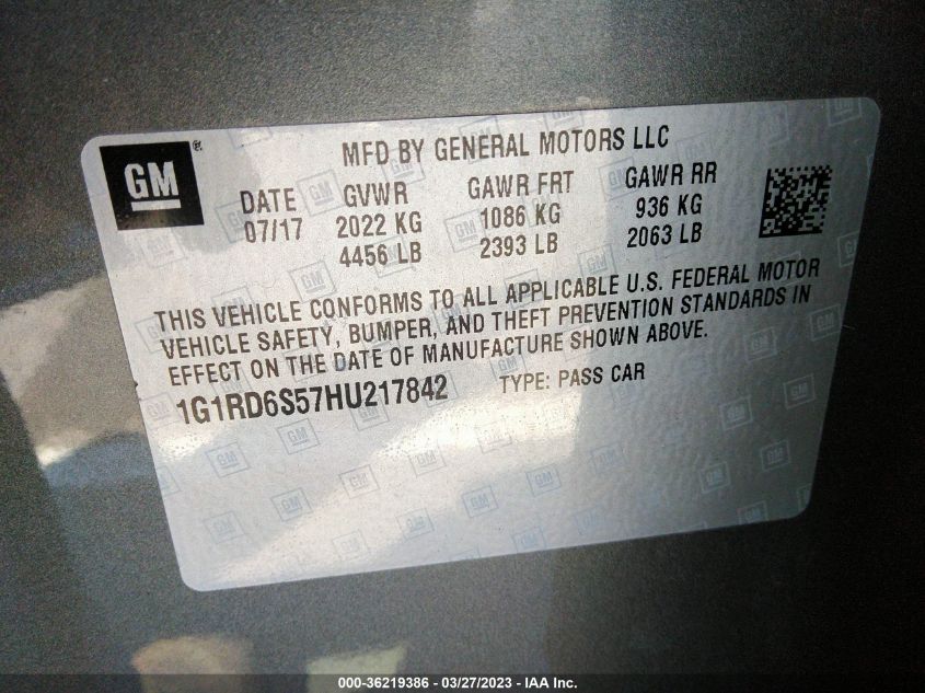 2017 CHEVROLET VOLT PREMIER - 1G1RD6S57HU217842