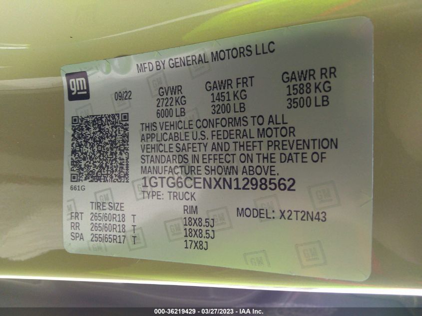 2022 GMC CANYON 4WD ELEVATION - 1GTG6CENXN1298562