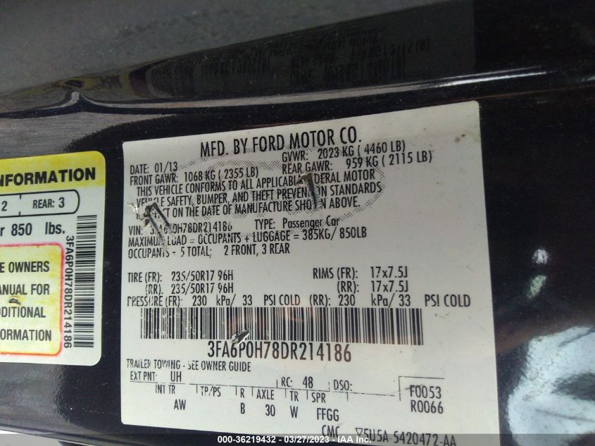 2013 FORD FUSION SE - 3FA6P0H78DR214186