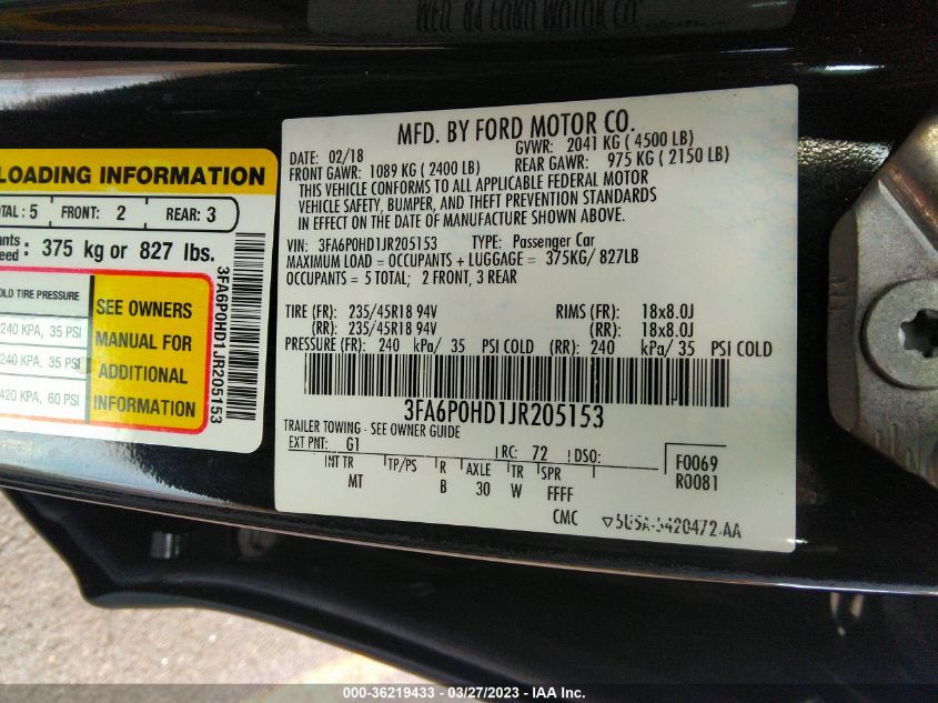 2018 FORD FUSION SE - 3FA6P0HD1JR205153