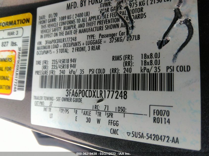 2020 FORD FUSION SEL - 3FA6P0CDXLR177248