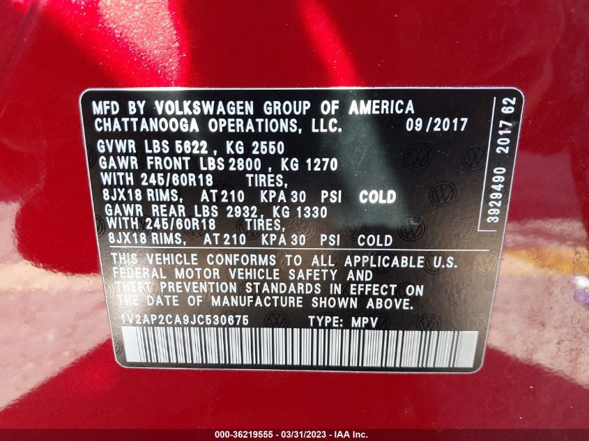2018 VOLKSWAGEN ATLAS 2.0T S - 1V2AP2CA9JC530675