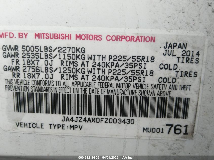 2015 MITSUBISHI OUTLANDER GT - JA4JZ4AX0FZ003430