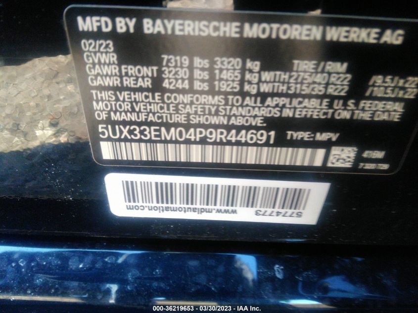 2023 BMW X7 M60I 5UX33EM04P9R44691
