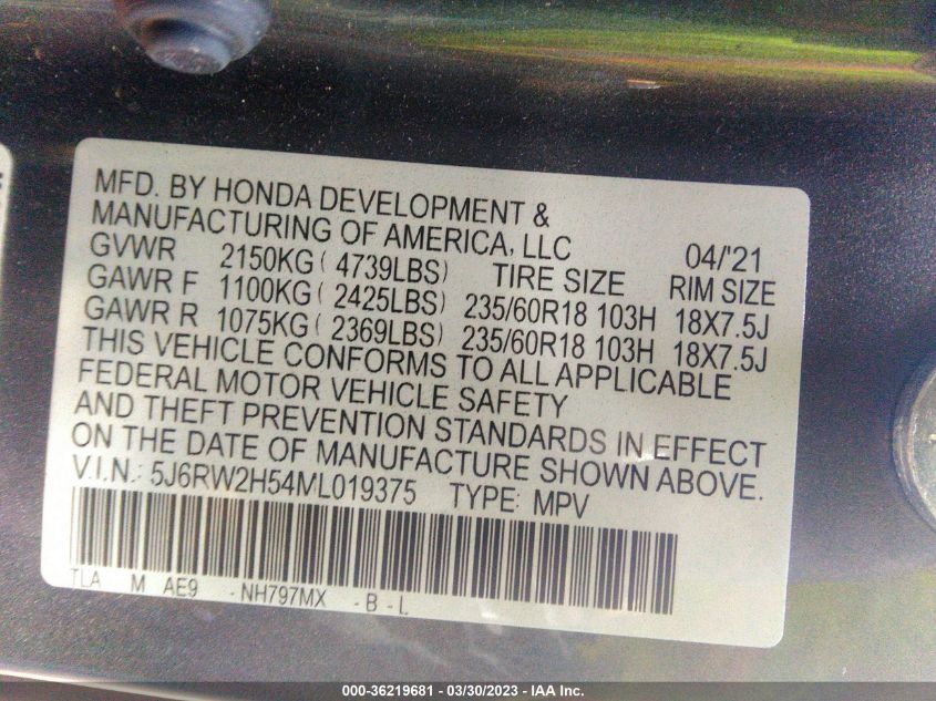 2021 HONDA CR-V EX - 5J6RW2H54ML019375