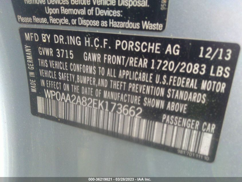 2014 PORSCHE CAYMAN WP0AA2A82EK173662