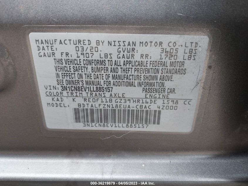 2020 NISSAN VERSA SV - 3N1CN8EV1LL885157