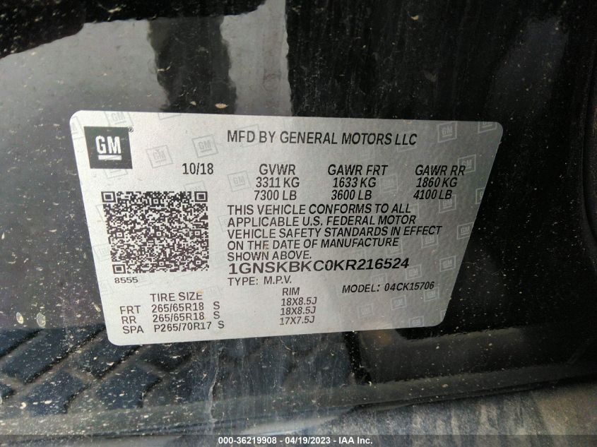 2019 CHEVROLET TAHOE LT - 1GNSKBKC0KR216524