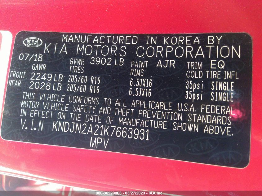 KNDJN2A21K7663931 Kia Soul BASE 9