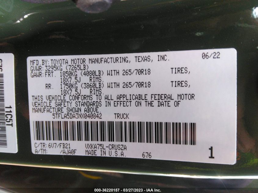 2022 TOYOTA TUNDRA 4WD SR5 - 5TFLA5DA3NX040842