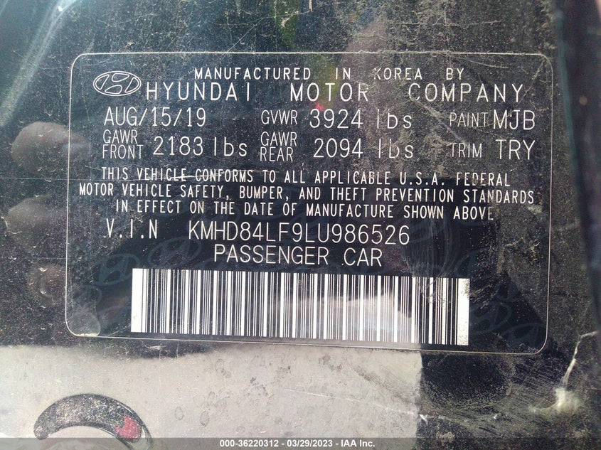 VIN KMHD84LF9LU986526 2020 HYUNDAI ELANTRA SEL