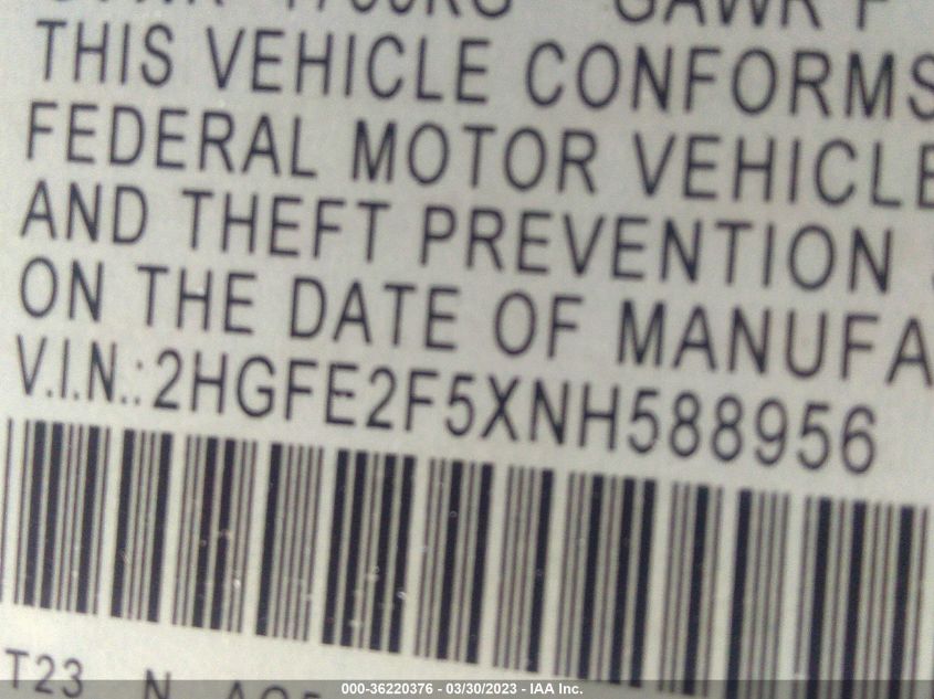 2022 HONDA CIVIC SEDAN SPORT - 2HGFE2F5XNH588956