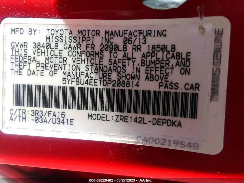 2013 TOYOTA COROLLA L/LE/S - 5YFBU4EE1DP208814