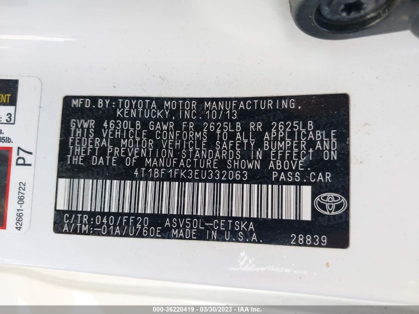 2014 TOYOTA CAMRY L/LE/XLE/SE/SE SPORT - 4T1BF1FK3EU332063