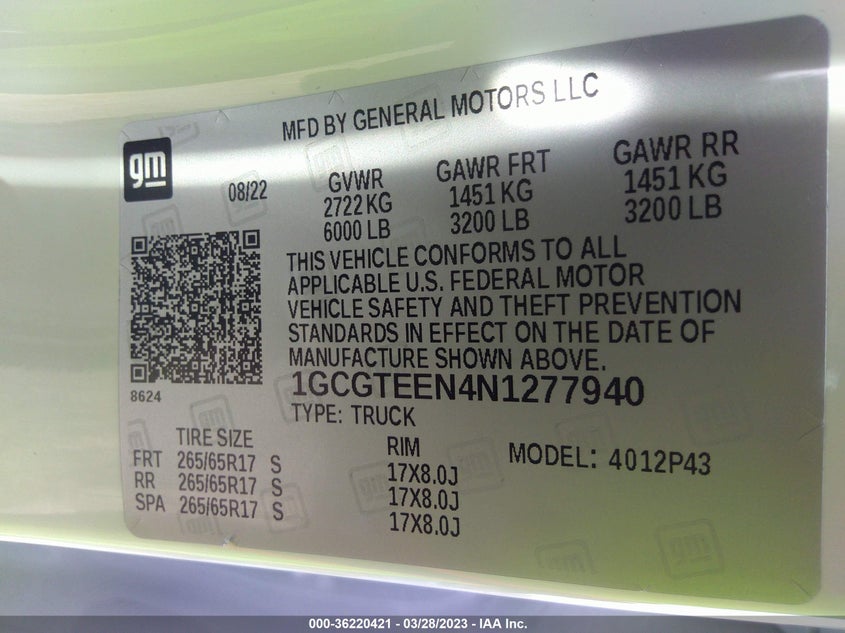 VIN 1GCGTEEN4N1277940 2022 CHEVROLET COLORADO 4WD ZR2