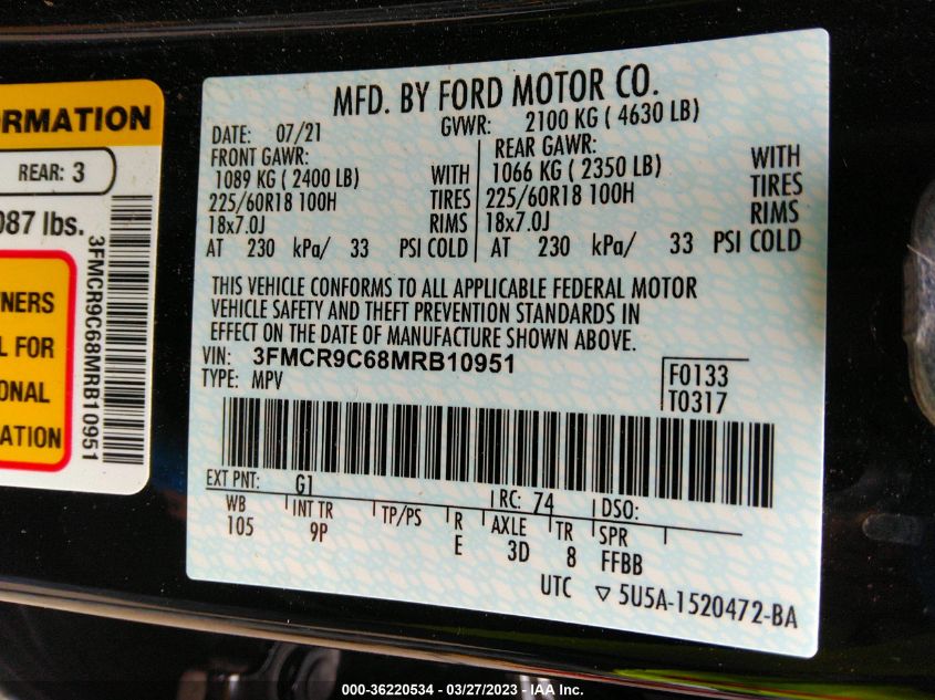 2021 FORD BRONCO SPORT OUTER BANKS - 3FMCR9C68MRB10951