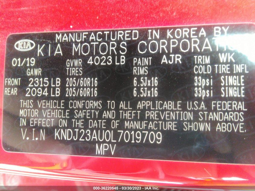 2020 KIA SOUL S - KNDJ23AU0L7019709