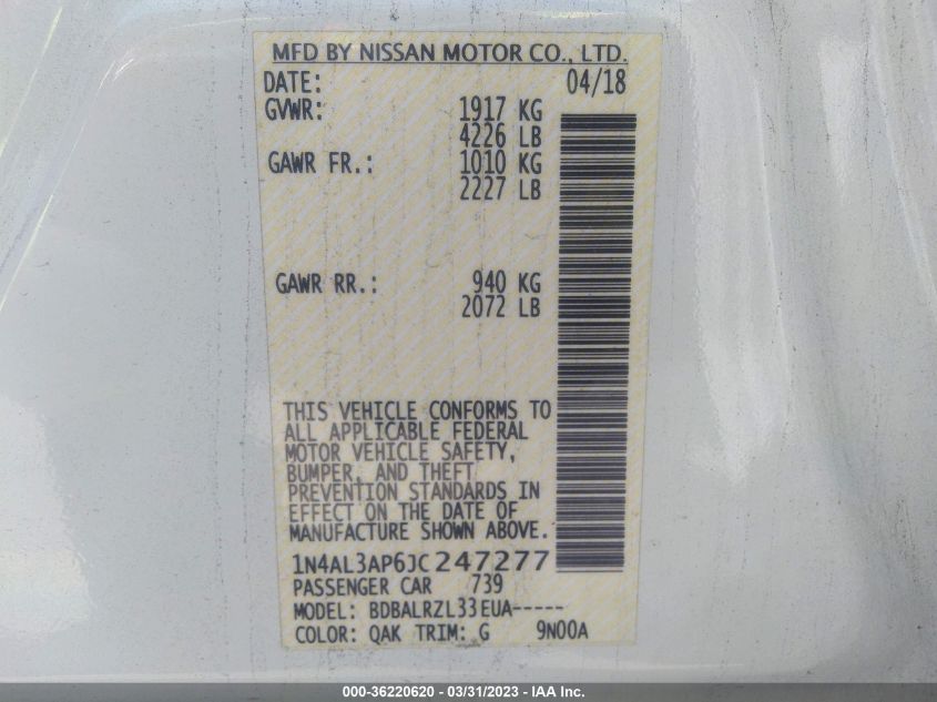 2018 NISSAN ALTIMA 2.5 SL - 1N4AL3AP6JC247277